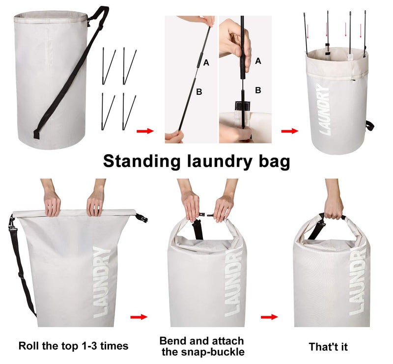 WOWLIVE Extra Large Foldable Laundry Bag Laundry Basket Collapsible Laundry Hamper Backpack Liner Dirty Clothes Hamper Standing Waterproof Hampers for Dorm Room (Beige) - Image 5